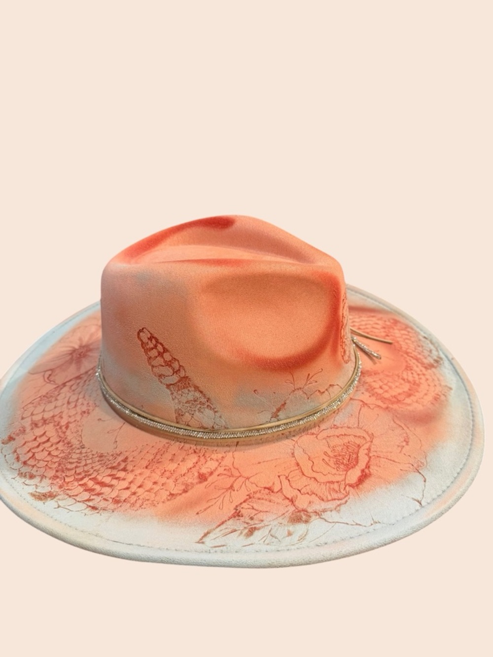 Stylish handmade Coral Western Fedora Hat with Braided Band. Snake design